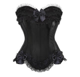 Sexy Satin Lace overlay Overbust Corset Top Zipper Side Bowknot Decorated Clubwear Showgirl Body Shaper Plus Size S-6XL