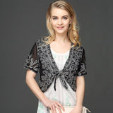Short Shrug Paisley Vintage Embroidery Floral Lace Mesh Shawl Thin Short Sleeved Cardigan With Belt