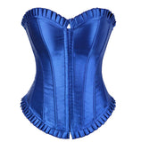 Sexy Satin Lace up Boned Overbust Corset and Bustier With Ruffle Trim Showgirl Lingerie Red Blue Black White S-XXL Fashion