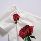 Rose Flower Embroidery V neck Pleated Mesh Overlay Floral White Dress