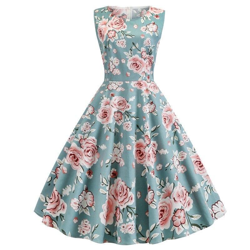 Pinup Style 1950s Floral Print Fit and Flare Sleeveless Round Neck A Line Summer Flower Vintage Dress