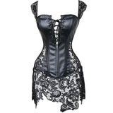 Women Black Faux Leather&Lace Burlesque Steampunk Corset Sexy Zipper Back Straps Overbust Corset Dress Plus Size S-6XL