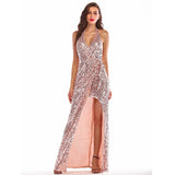 Rose Gold Sequin Long Backless Halter Sexy Sashes Chic Wrap Robe Elegant Evening Party Maxi Dress