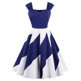 Blue and White Contrast Vintage Elegant Party Women Color-Block Retro Backless 50s Rockabilly Dress