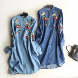 Women Long Sleeve Flower Embroidery Cotton Denim Soft Blouse Shirts Loose Tops
