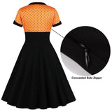 Orange and Black High Waist Vintage 1950s Pin Up Sweetheart Neckline Button Front Polka Dot Midi Dress