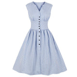 Gingham Print Single Breasted Blue Summer High Waist Vintage Women Tunic Pleated Plaid Casual Dresses