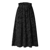 New White Dots Floral Print Pleated Midi Elegant Elastic High Waist Side Pockets Women Skirt