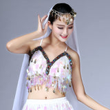 Women Sequin Halter Bra Salsa Belly Dance Boho Festival Club Tribal Top Colorful Beading Coins Tassel Lace-Up Cami Top