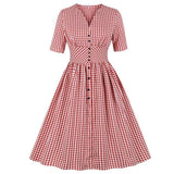 Retro High Waist Red Plaid Single Breasted Tunic Pleated Women V-Neck Half Sleeve Vintage Gingham Print Dress