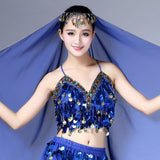 Women Sequin Halter Bra Salsa Belly Dance Boho Festival Club Tribal Top Colorful Beading Coins Tassel Lace-Up Cami Top