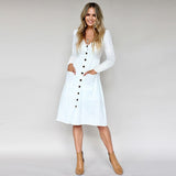 Women Buttons Long Sleeve Sexy Beach Vintage White Black Party Dress With Pockets