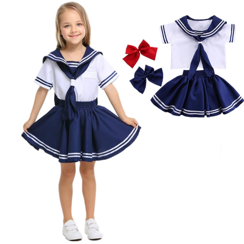 Kids Girls White Blue Short Sleeve Navy Sailor Cosplay Costumes Halloween Costume for Boy Girls Dress Uniform