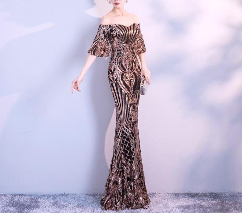 New Flare Sleeve Black Gold Heavy Sequins Evening Dress Boat Neck Formal Evening Party Dress