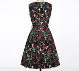 Multicolor Floral Print Rockabilly Retro Women V-Neck 95% Cotton Black Vintage Tunic Pleated Dress