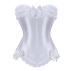 Sexy Satin Lace overlay Overbust Corset Top Zipper Side Bowknot Decorated Clubwear Showgirl Body Shaper Plus Size S-6XL