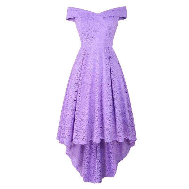 Purple High Low Hem Off Shoulder Sexy Lace Fit and Flare Elegant Cocktail Party Night Midi Dress