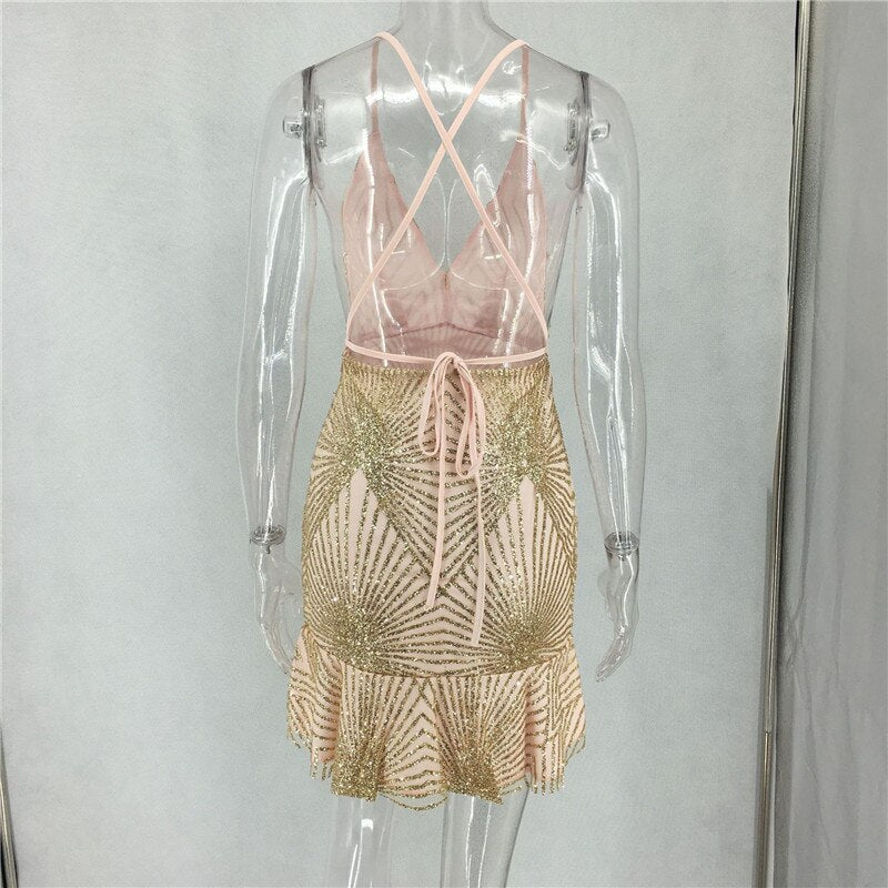 Geometric Sequins Strap Bandage V Neck Ruffles Women Backless Sequin Chic Dress