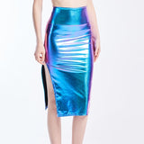 Summer Holographic Thigh Splits Bodycon Midi Skirt Sexy Metallic Wet Look Laser Blue Pencil Skirt Festival Rave Clothing