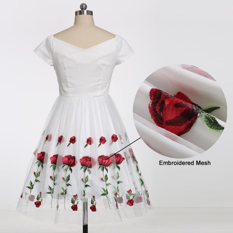 Rose Flower Embroidery V neck Pleated Mesh Overlay Floral White Dress