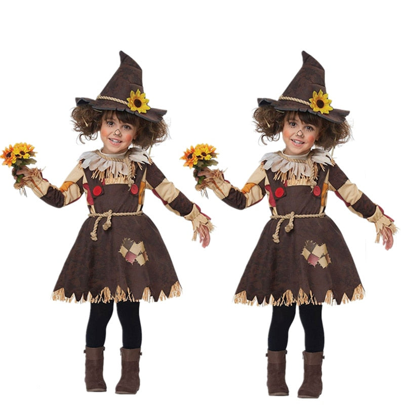 Children-Scarecrow Costumes With Hat Decoration Masquerade Outfits Clothes for Kids Girls Halloween Party Cosplay Dress