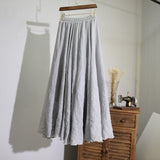 Women Linen Cotton Long Elastic Waist Maxi Beach Boho Casual Lady Vintage Pleated Skirt