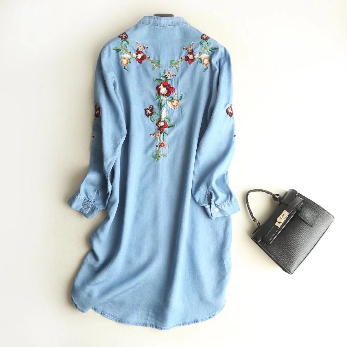 Women Long Sleeve Flower Embroidery Cotton Denim Soft Blouse Shirts Loose Tops
