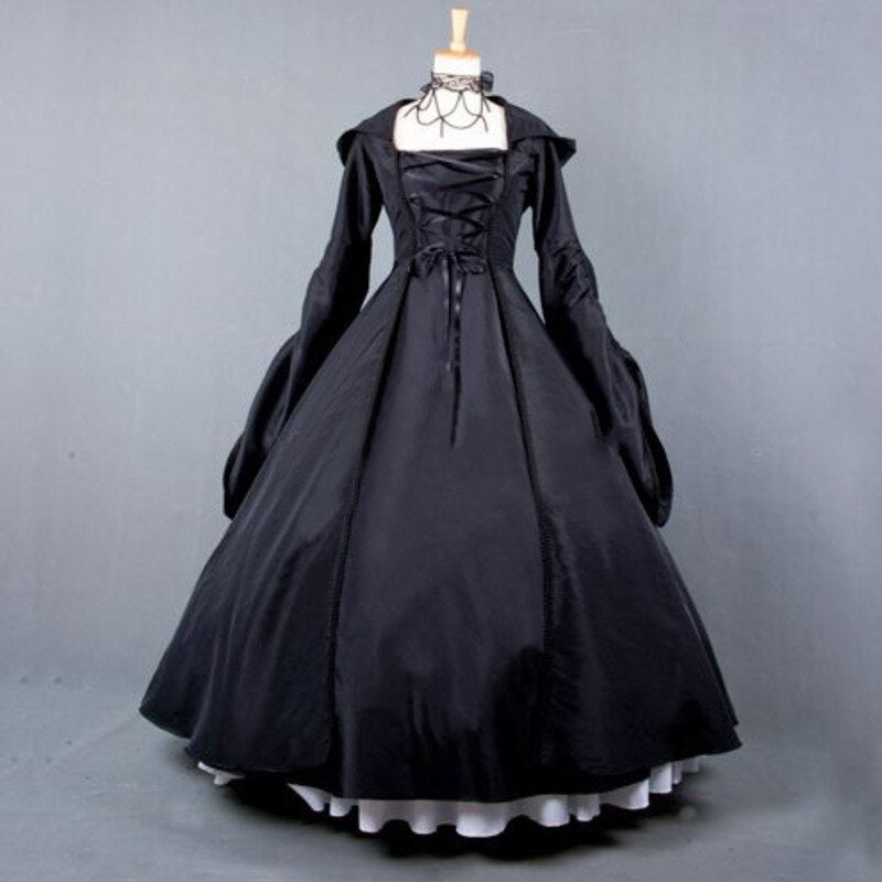 Vintage Costume 1860s Civil War Ball Gown Dress Black Gothic Lolita Hooded Dresses Victorian Renaissance Halloween Witch Clothes