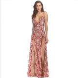 Double Side Slit Sequins Sexy Maxi Spaghetti Strap V-neck Chic Sequin Slip Dress