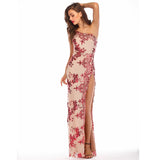 3 Color Embroidery Sequin One Shoulder Long Chic Maxi High Split Nightclub Party Dress