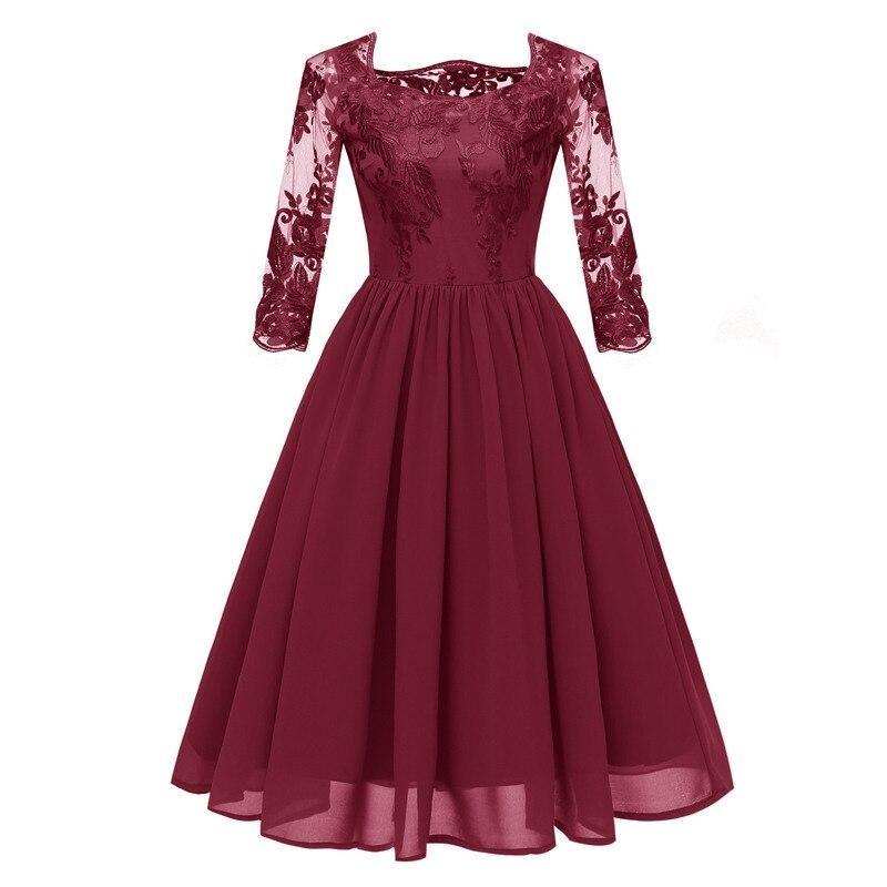 Floral Embroidery Contrast Chiffon Asymmetrical Neck Mesh Sleeve Pleated Elegant Banquet Party Dress