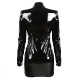 Hot New Women Gothic Long Sleeve Keyhole Bust PVC Latex Dress Black Front-Zip Faux Leather Wet Look Dress S-XXL