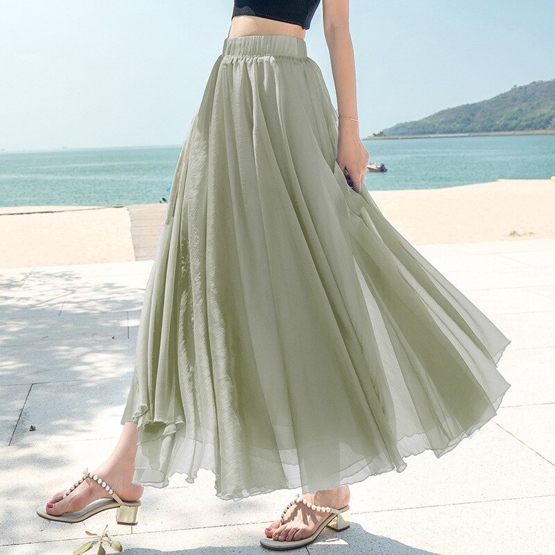 Women Bohemian Chiffon Long Solid Beach Elegant Boho Maxi High Waist Elastic Skirts
