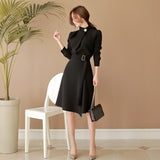 Belted Dress Women Spring Autumn Elegant Vantage Long-Sleeve Office Lady Vestido Clothing Robe