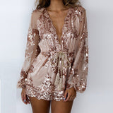 Deep V Neck Embroidery Sequin Rompers Long Sleeve Sequins Short Jumpsuit Overalls