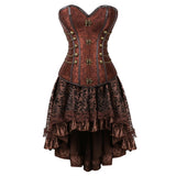 Women Steampunk Gothic Overbust Corset Dress Brocade Lace Up Corsets and Bustiers with Layed Skirt