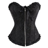 Sexy Front Zipper Floral Corset Satin Overbust Top Sexy Body Shapewear Corselet Jacquard Lace Up Bustier Plus Size S-6XL