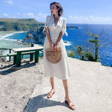 Women Summer Vintage Button Dress Bow sleeves Sexy V-Neck Slit Casual Chic Sundress