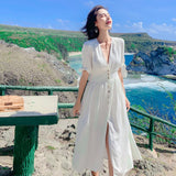 Women Summer Vintage Button Dress Bow sleeves Sexy V-Neck Slit Casual Chic Sundress