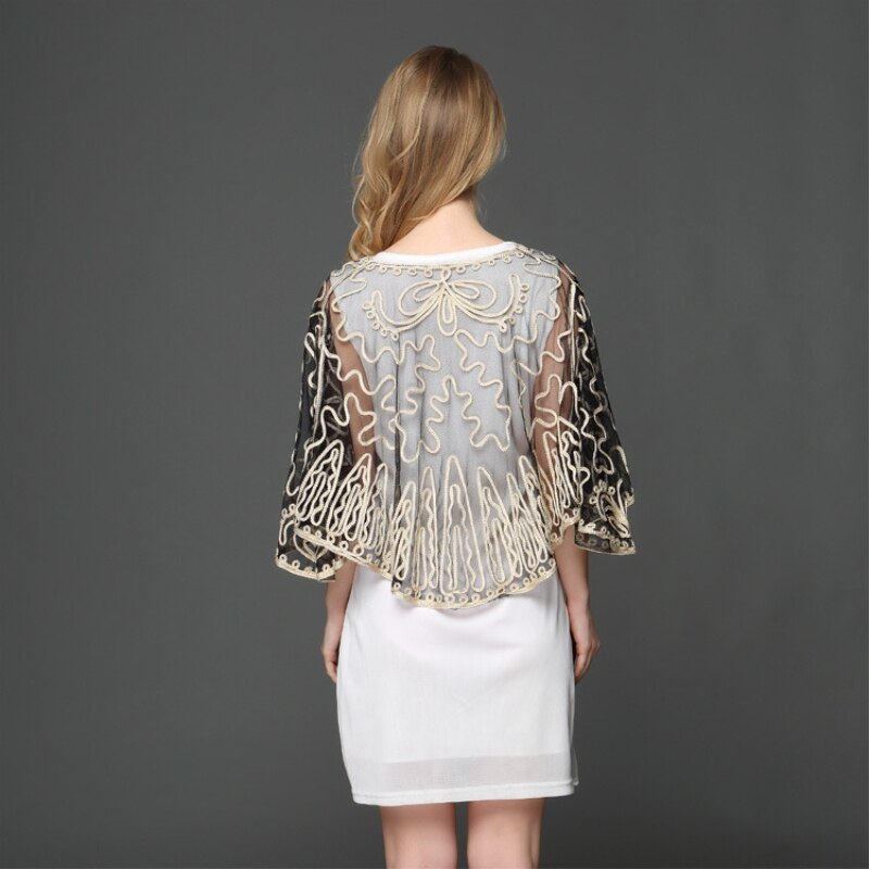 Oversized Lace Embroidery Flower Mesh Cardigan Shawl Elegant Thin Gauze See-Through Poncho Cape Jacket