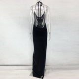 Long Velvet Black Elegant Celebrity Maxi Halter Neck Backless Velour Evening Party Dress
