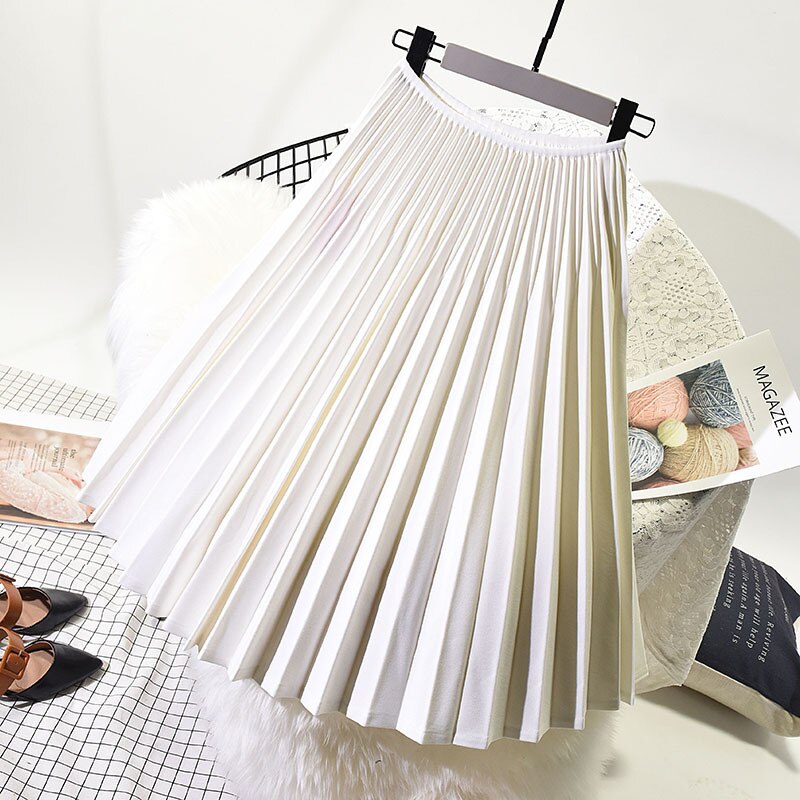Elegant Pleated High Waist White Long Ladies Vintage Midi Skirt