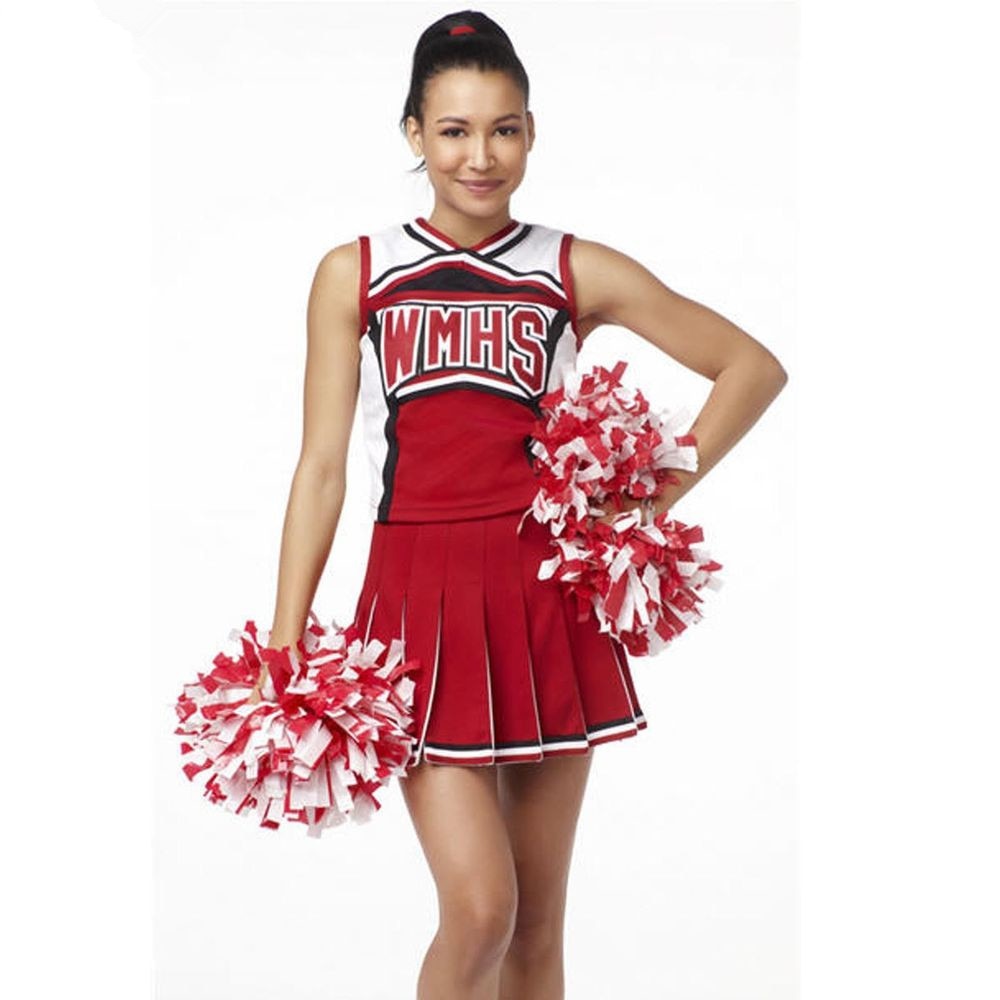 Red Sexy Cheerleaders Costume Halloween Party Outfit Cheering Costume Top+Skirts+Pompoms