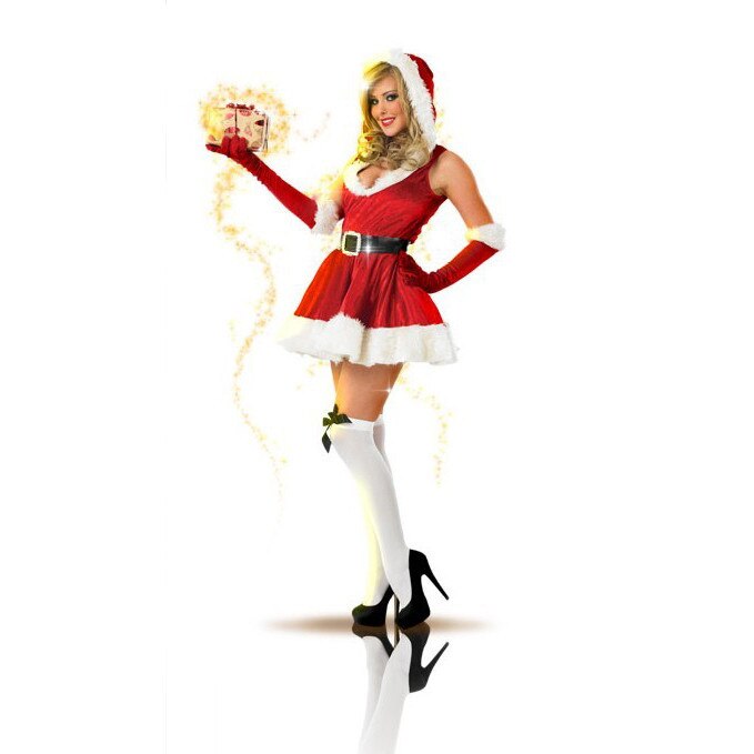 3Pcs Deluxe Red Sexy Christmas Hooded Dress Adult Santa Claus Uniform Cosplay Xmas Costumes For Women
