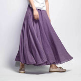 Women Linen Cotton Long Elastic Waist Maxi Beach Boho Casual Lady Vintage Pleated Skirt