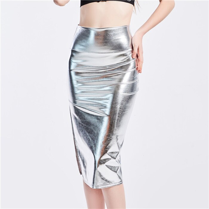 High Split Skinny Bling Laser Holographic Midi Night Party Club Pu Patchwork Skirt