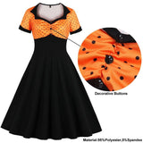 Orange and Black High Waist Vintage 1950s Pin Up Sweetheart Neckline Button Front Polka Dot Midi Dress