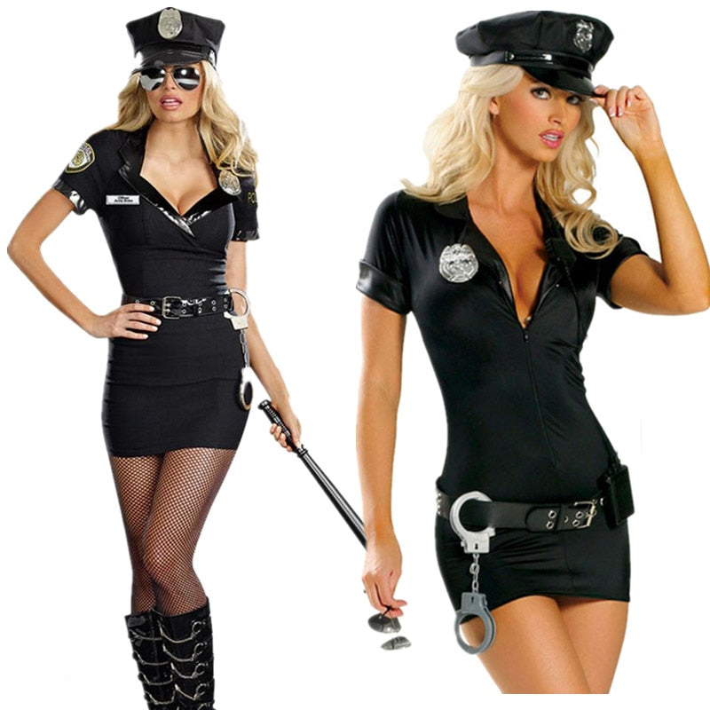 Black Sexy Women Hottie Police Costume Zipper Mini Dress Halloween Cosplay Cop Uniform Plus Size S-XXXL