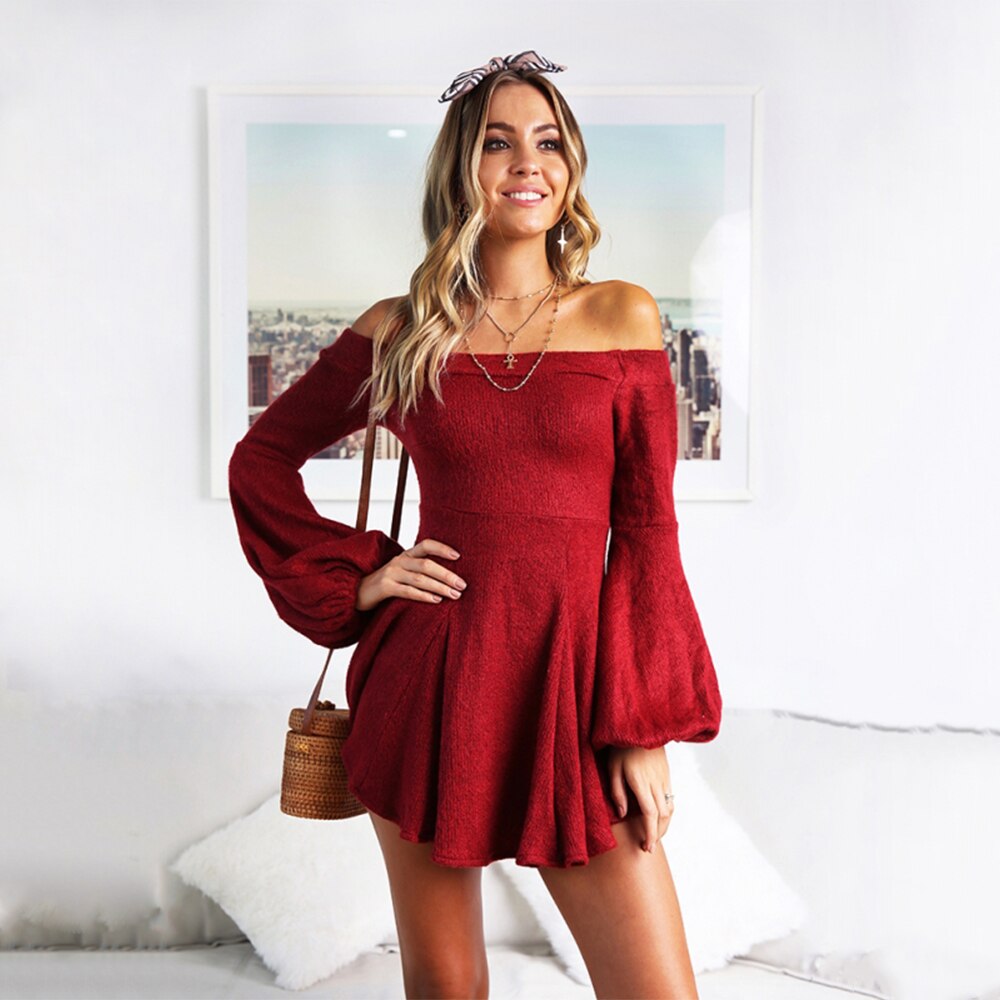 Women Sexy Slash Neck Puff Long Sleeve Casual Elastic Waist Sweater Knitted Dress