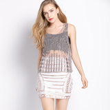 Perspective Mesh Crop Runway O-Neck Sleeveless Short Beaded Sequin Tank Top Party Club Gauze Embroidery Top